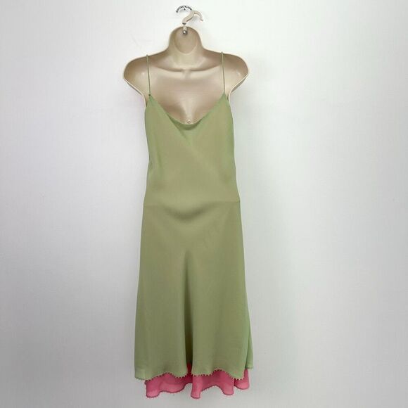 Geometrie Women’s Green Pink Y2K Floral Embroidered Dainty Bead Midi Slip Dress - Picture 2 of 11